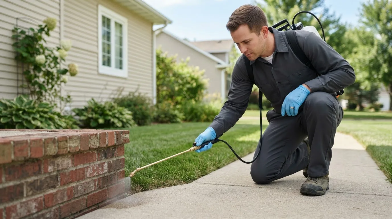 Pest control technician treating a home near Chauncey, GA